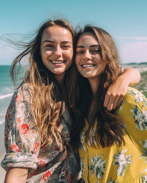 Duas amigas sorridente na praia.
