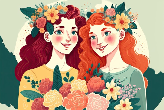 Duas amigas sorridentes felizes com buquês de flores Estilo de design plano