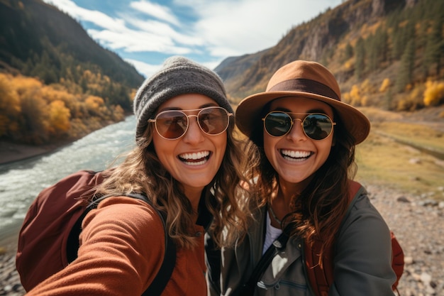 Duas amigas tiram uma selfie à beira do rio enquanto caminham nas montanhas