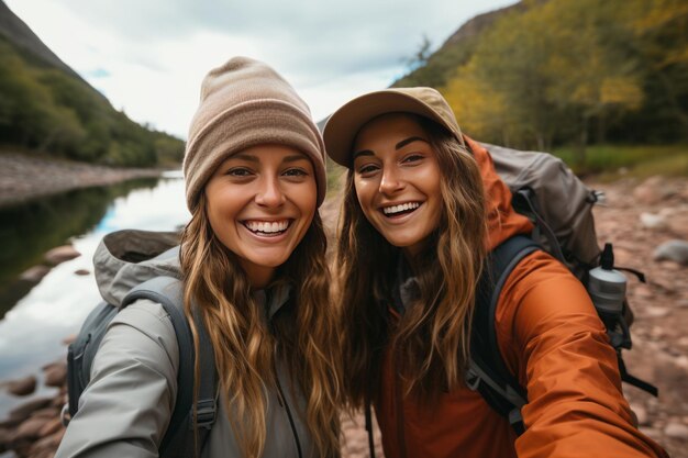 Duas amigas tirando selfies à beira de um rio durante uma caminhada ao longo da montanha