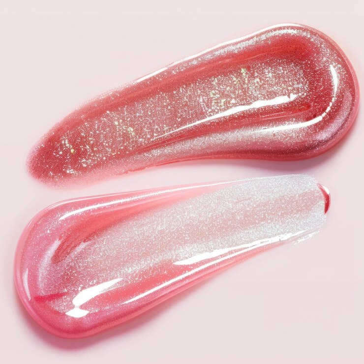 Foto duas amostras cor-de-rosa de brilho labial brilham em uma superfície branca