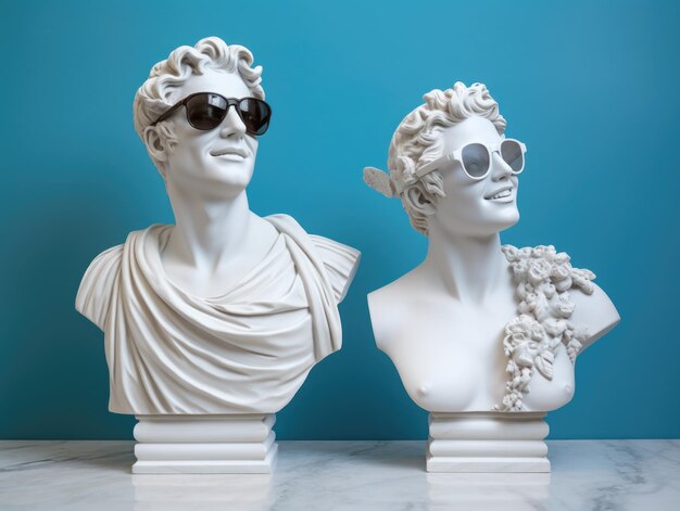 Duas antigas estátuas de busto de Geek de homem e mulher usando óculos de sol com fundo colorido