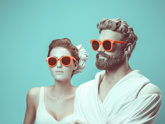 Duas antigas estátuas de busto de Geek de homem e mulher usando óculos de sol estilo de moda
