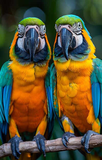 Duas araras coloridas sentadas em galhos Um dois papagaios sentados em pauzinhos de bambu