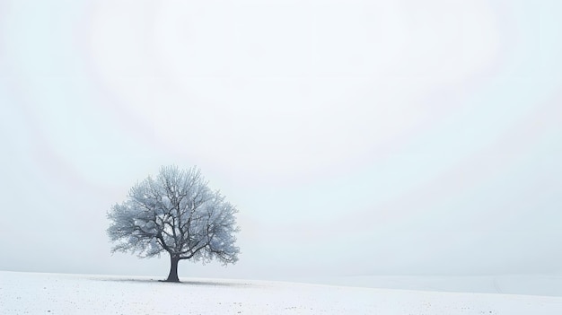 duas árvores em um campo coberto de neve com um fundo de céu