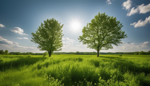 Duas árvores num campo com o sol a brilhar