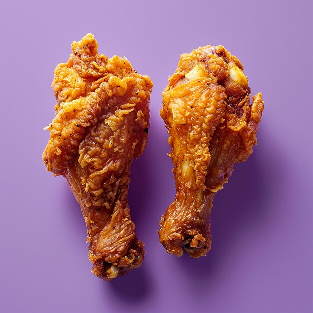 Foto duas asas de frango são mostradas em um fundo roxo