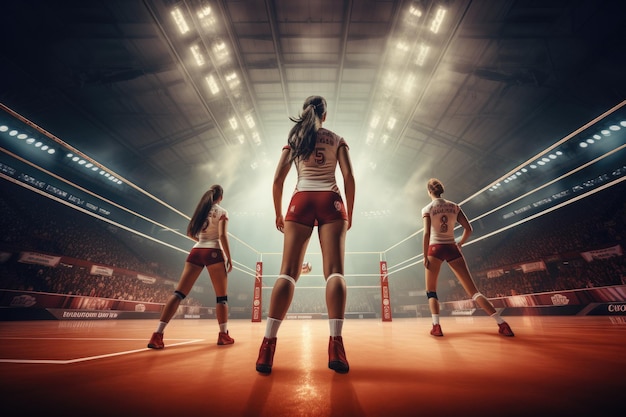 Duas atletas femininas de pé na arena Mídia mista Mídia mista Jogadoras profissionais de vôlei em ação em estádio 3D AI Gerado