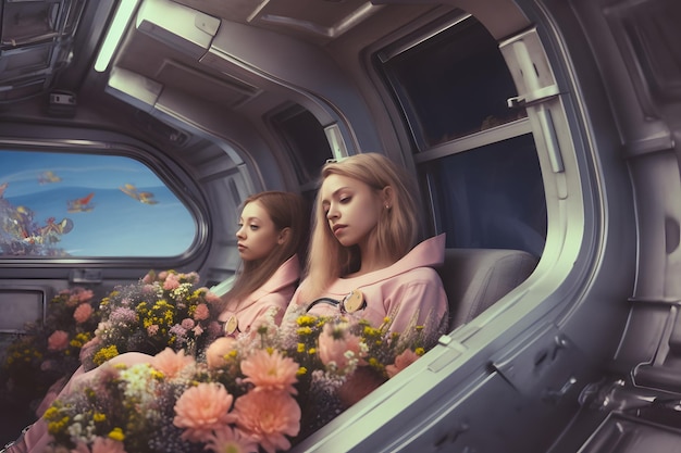 duas atraentes mulheres loiras caucasianas jovens adultas dentro da cabine da nave espacial cercadas de flores