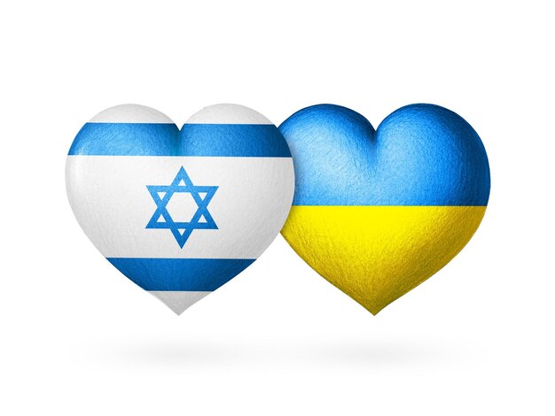 Duas bandeiras Bandeiras da Ucrânia e Israel Dois corações nas cores das bandeiras
