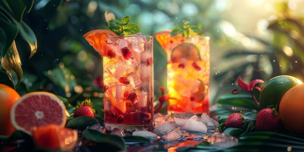 Foto duas bebidas com guarnição de frutas em uma mesa