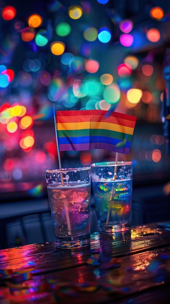 Duas bebidas com uma bandeira lgbtq em uma mesa de madeira em um bar celebração de orgulho brinde IA geradora