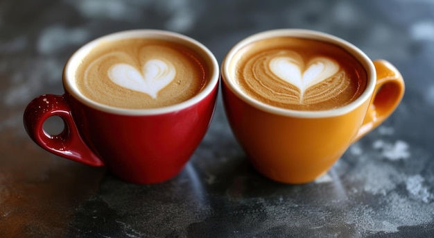 duas bebidas de café em cima de uma mesa de madeira com corações de dia dos namorados