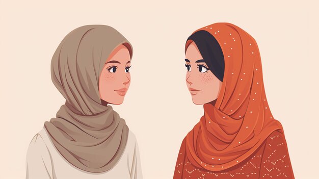 Duas belas ilustrações de mulheres muçulmanas falando umas com as outras