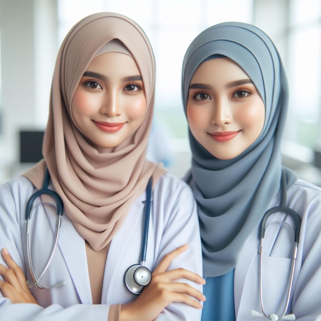 Duas belas médicas asiáticas vestindo hijabs modestos