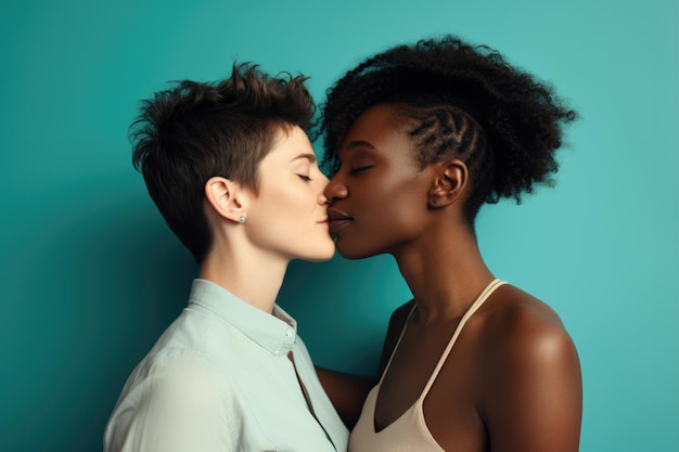 Foto duas belas meninas lésbicas se beijam ternamente em um fundo azul conceito de testa homossexual