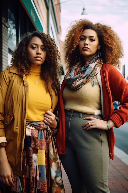 Foto duas belas mulheres afro-americanas com cabelos encaracolados posando na rua.