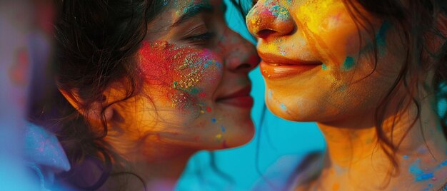 Duas belas mulheres cobertas de pó colorido celebrando Holi