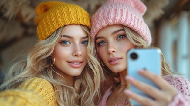 Duas belas mulheres jovens com chapéus e lenços tirando selfie em smartphone AI gerativa