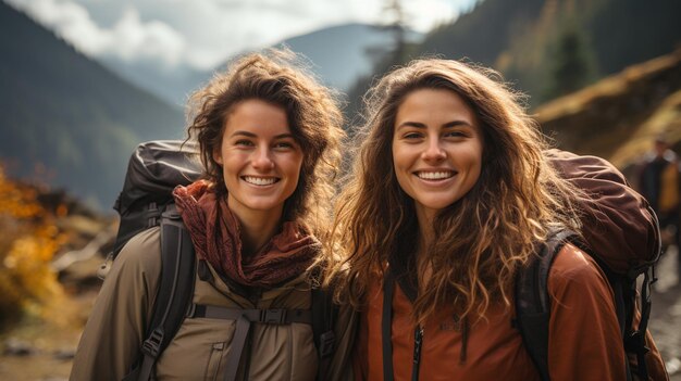 Foto duas belas raparigas numa floresta de montanha