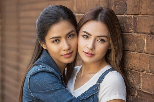 Duas belezas jovens de cabelos longos abraçadas e sorrindo felizmente boas amigas e melhores amigas