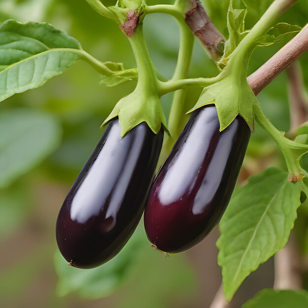 Foto duas berinjelas estão em uma planta em um jardim