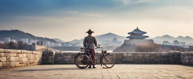 Foto duas bicicletas na fortaleza de suwon viajam no tempo na coreia do sul