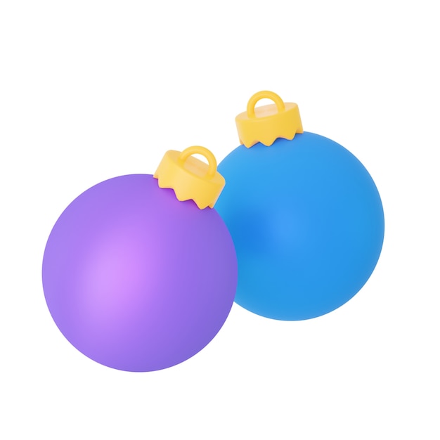 Duas bolas da árvore de natal, roxa e azul, renderização 3d em close-up