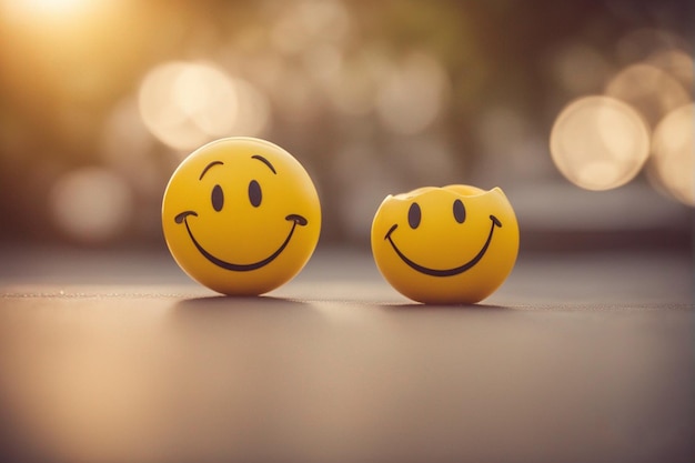 duas bolas smiley amarelas em uma mesa uma com a outra sorrindo