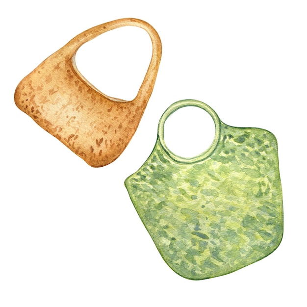 Duas bolsas coloridas ilustração em aquarela isolada no fundo branco Roupa de mulher acessórios de verão desenhados à mão Design para venda em loja padrão de vitrine de embalagem de revista