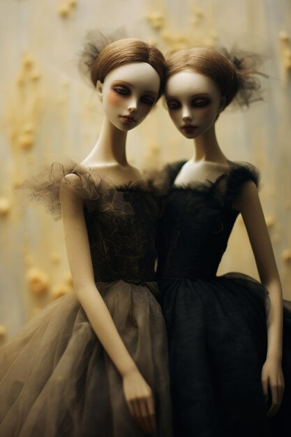 duas bonecas estão sentadas sobre uma mesa, uma das quais é o modelo de uma menina.