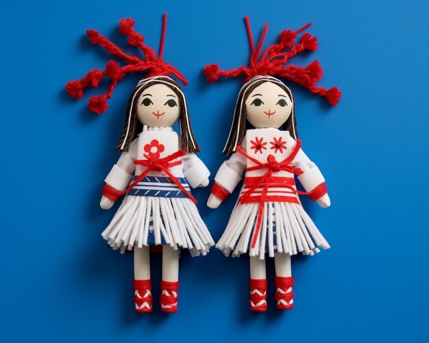 Duas bonecas feitas à mão em uma vista superior de fundo azul
