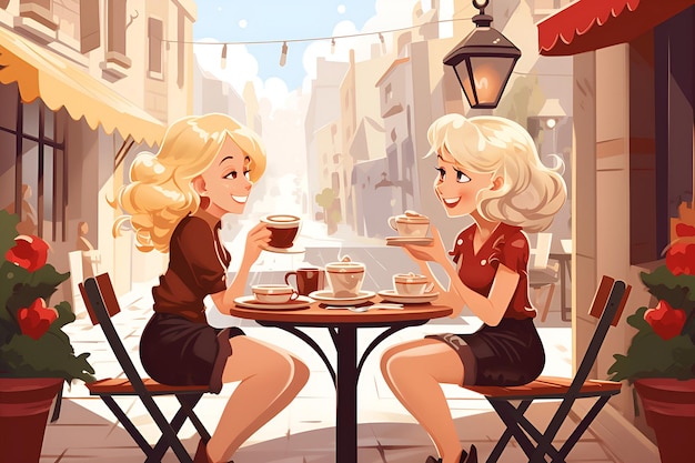 Duas bonitas garotas loiras de desenho animado sentadas em uma mesa em um café e bebendo café