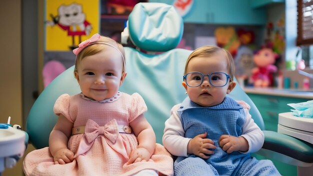 Duas bonitinhas meninas na cadeira do dentista. Crianças dentárias.