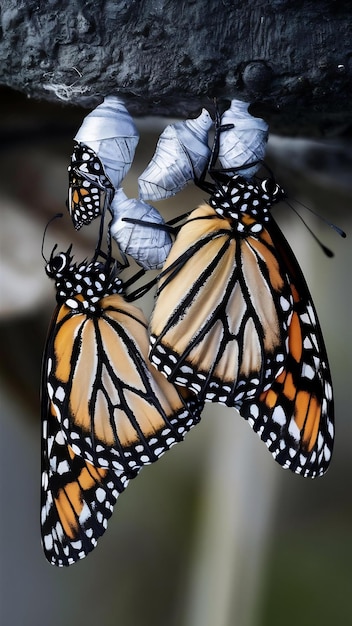 Duas borboletas monarca secando asas em crisálidas