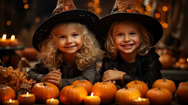 Duas bruxinhas felizes em uma festa de Halloween comemorando a véspera de Todos os Santos gerada por IA