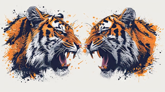 Duas cabeças de tigre Ilustração vetorial Efeito Grunge