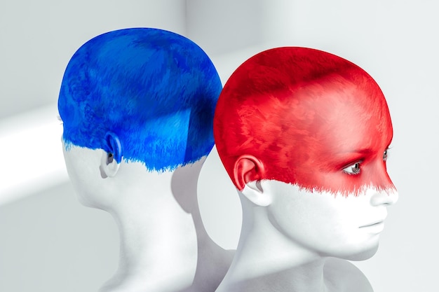 Duas cabeças traseiras opostas coloridas de vermelho e azul