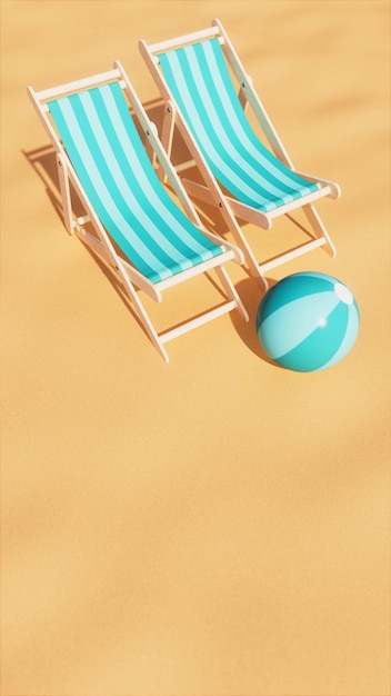 Duas cadeiras ao lado da bola de praia na ilustração 3d do tema das férias do sol de verão