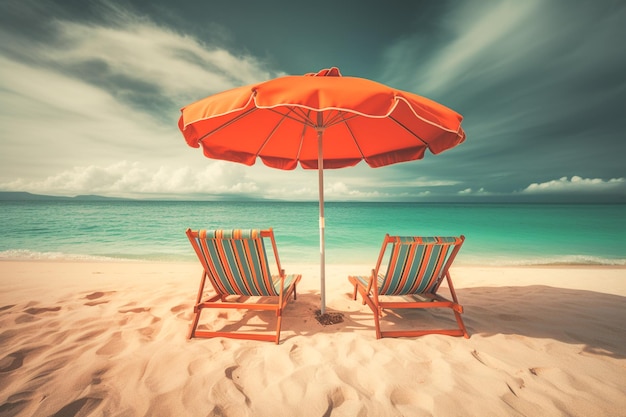 Duas cadeiras de praia e guarda-chuva na praia tropical com tom de cor vintage de fundo mar e céu