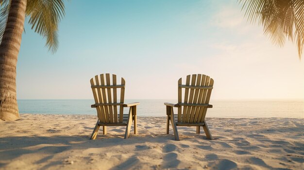 Duas cadeiras de praia em uma praia com o pôr do sol atrás delas
