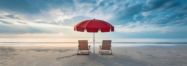 duas cadeiras de praia por um com um guarda-chuva vermelho no estilo de mares calmos e céus