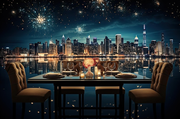 Foto duas cadeiras em uma mesa na frente de um horizonte da cidade com fogos de artifício no céu noturno e estrelas acima deles