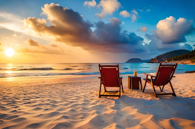 Duas cadeiras em uma praia com um pôr do sol ao fundo