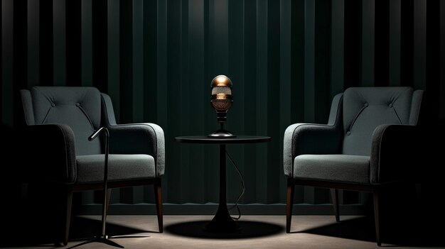 Duas cadeiras em uma sala escura com microfones para conversas de mídia ou conceitos de streamers de podcast