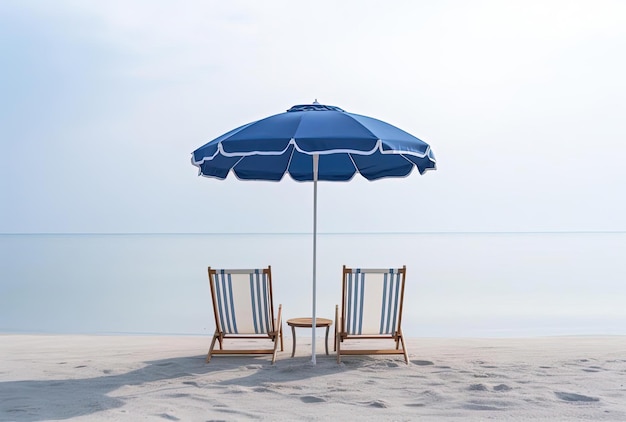 Duas cadeiras estão sentadas na praia na água com um guarda-chuva azul no estilo de férias dadcore