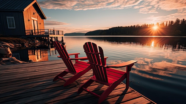 Duas cadeiras relaxantes à beira do lago