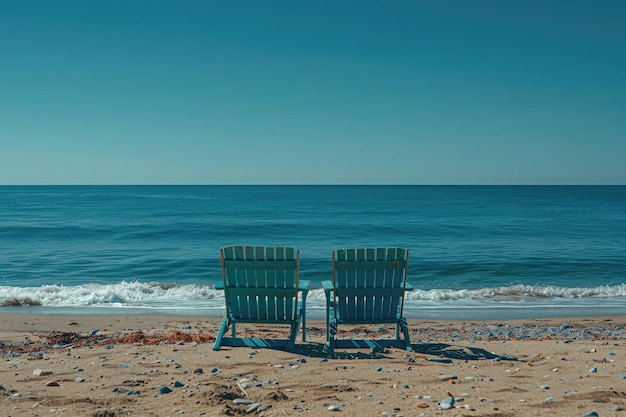 Foto duas cadeiras sozinhas na praia em frente ao mar