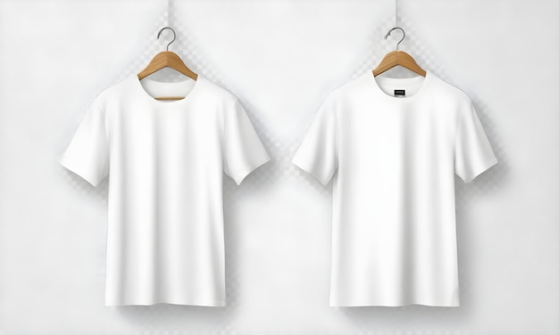 Duas camisas brancas penduradas em ganchos de madeira