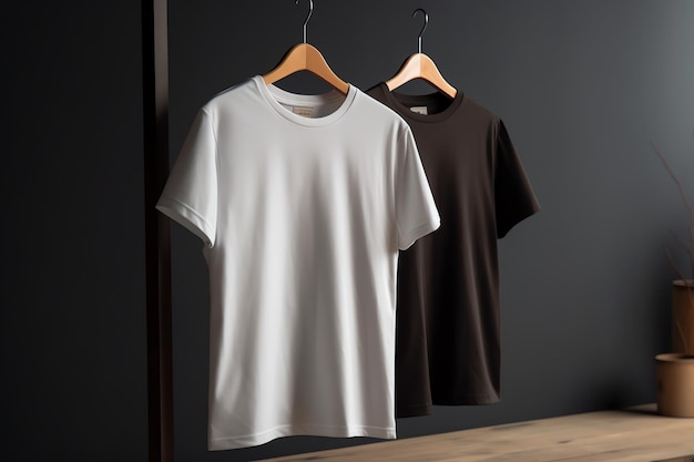 Duas camisas penduradas na parede com uma dizendo 't'